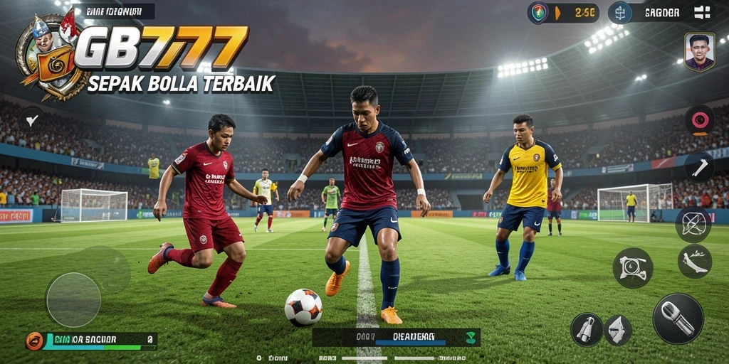 Screenshot gameplay GB777 menunjukkan aksi seru di lapangan sepak bola.