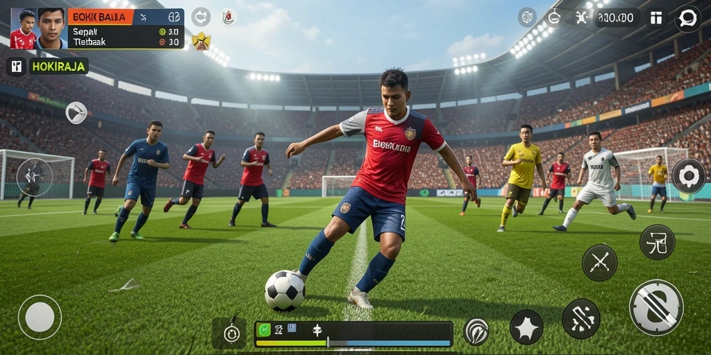 Tangkapan layar HOKIRAJA menampilkan aksi bola yang mendebarkan dalam pertandingan sepak bola.