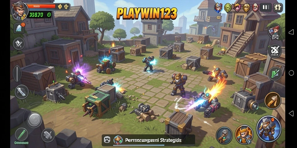 Screenshot gameplay Tower Defense PLAYWIN123 dengan menara dan musuh.