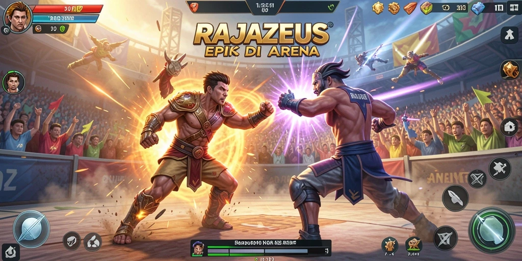 Gameplay RAJAZEUS yang penuh aksi di arena pertarungan.