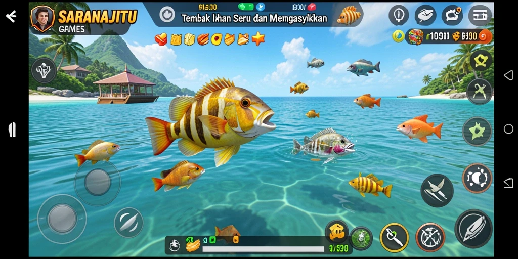 Tangkapan ikan berwarna-warni dalam gameplay SARANAJITU.