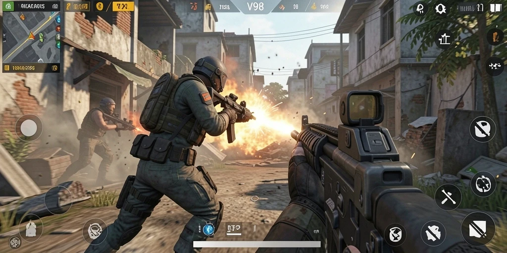 Screenshot utama V98 menampilkan aksi pertempuran seru dalam game TPS.